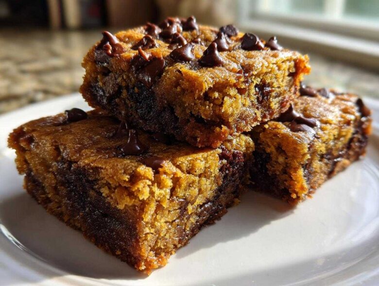 Three stacked, moist Chocolate Chip Banana Bars topped generously with semi-sweet chocolate chips, sitting on a white plate.
