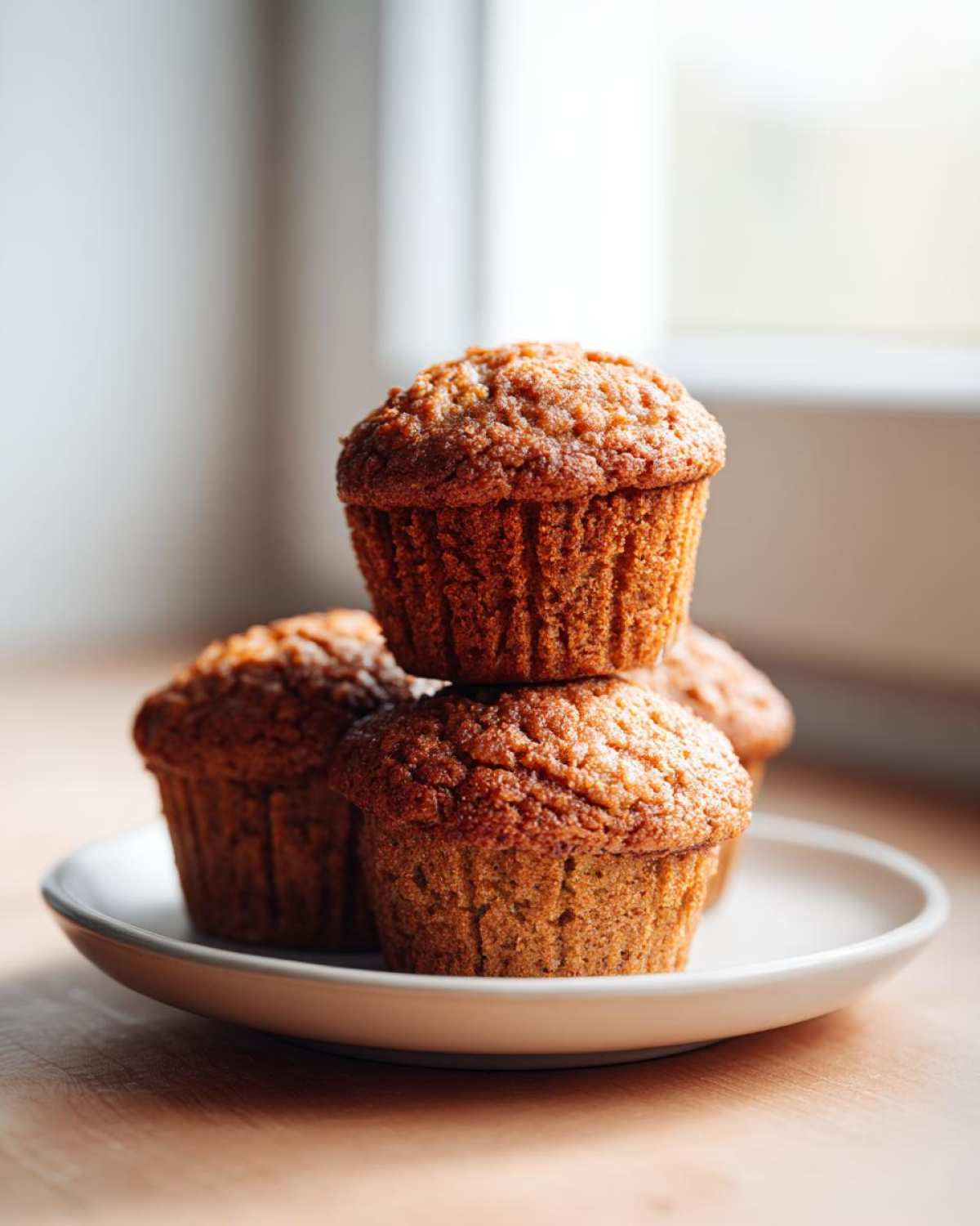 A stack of four golden brown Cottage Cheese Banana Muffins resting on a small white plate near a bright window.