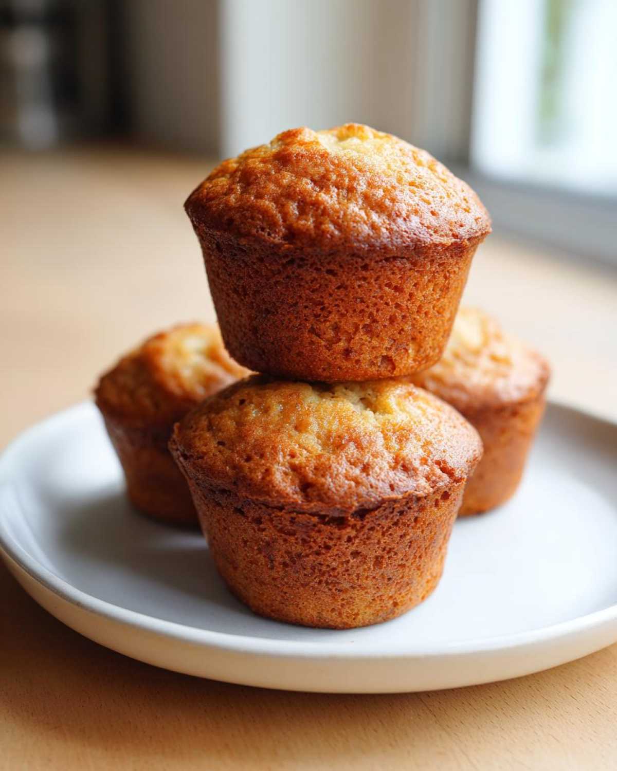 A stack of four golden brown Cottage Cheese Banana Muffins resting on a light gray plate.
