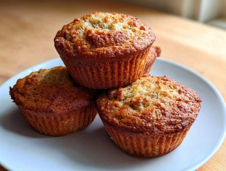 A stack of three golden brown Cottage Cheese Banana Muffins resting on a white plate.