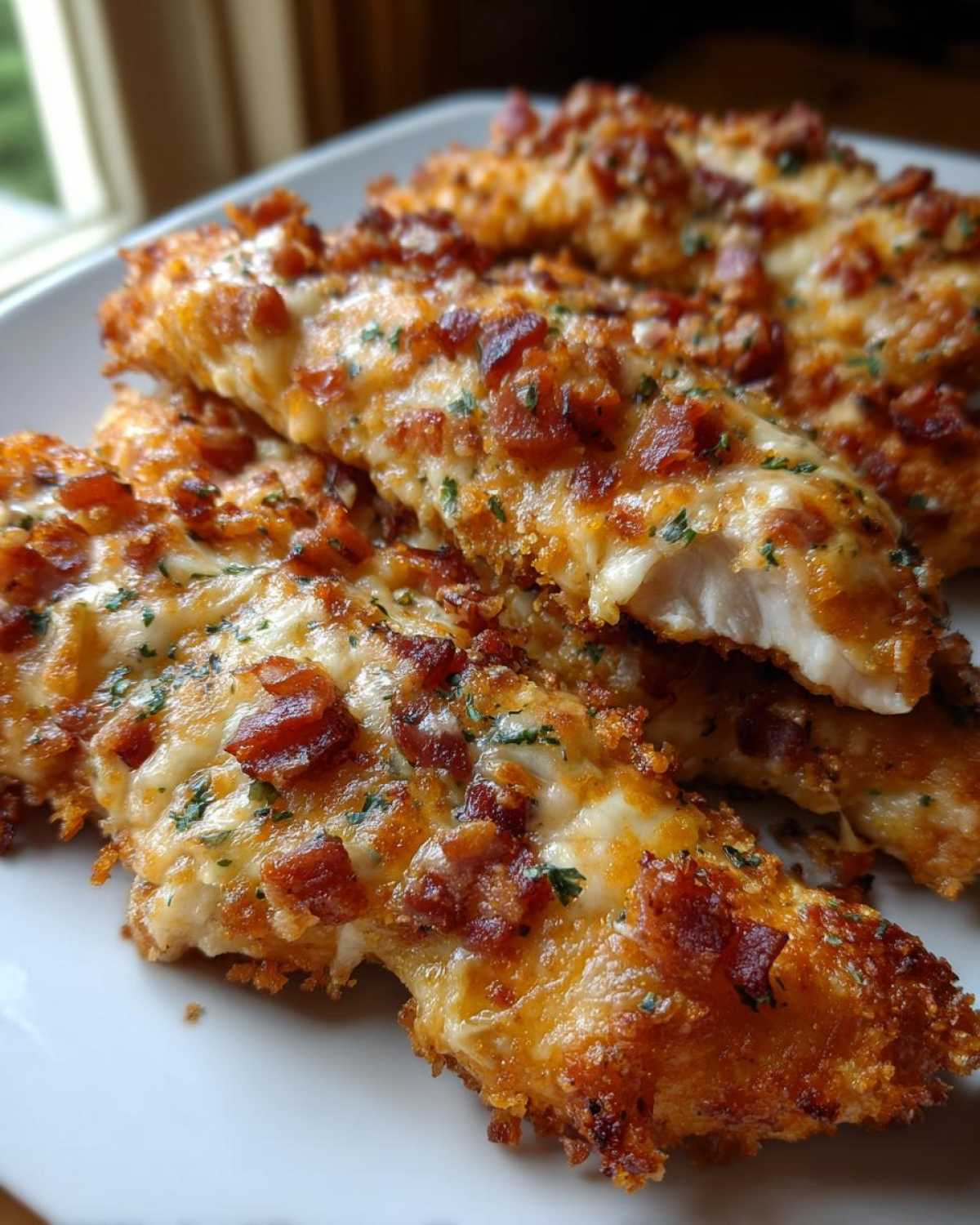 Close-up of crispy Crack Chicken Tenders topped with melted cheese and crumbled bacon pieces.