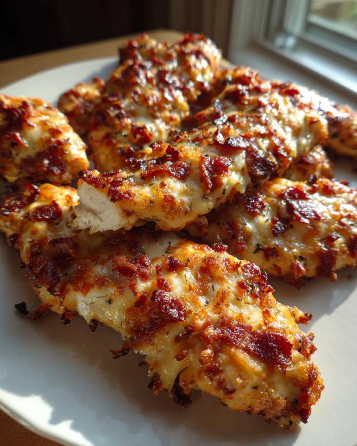 A plate piled high with golden brown Crack Chicken Tenders topped with melted cheese and crispy bacon bits.
