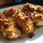 Close-up of crispy, cheesy Crack Chicken Tenders topped generously with crumbled bacon.