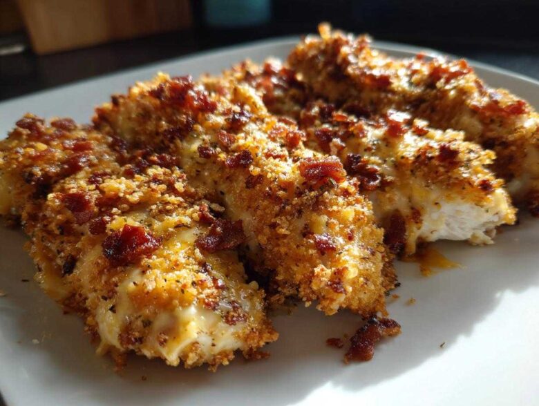 Close-up of crispy, cheesy Crack Chicken Tenders topped generously with crumbled bacon.