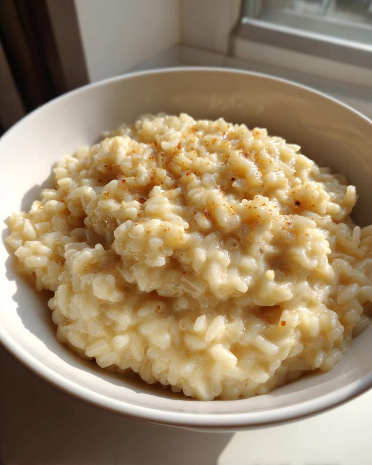 Close-up of a creamy bowl of Parmesan Risotto, lightly sprinkled with spices, sitting near a window.