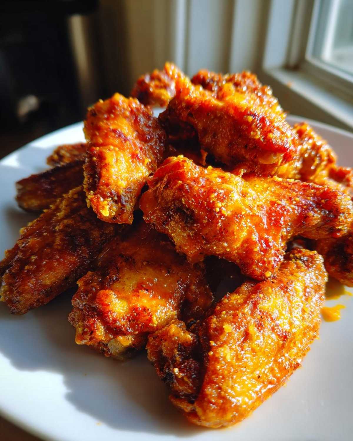 A close-up of a pile of crispy, saucy Air Fryer Chicken Wings glistening under bright light on a white plate.