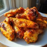 A close-up of a pile of golden-brown, saucy Air Fryer Chicken Wings seasoned with herbs, sitting on a white plate near a window.