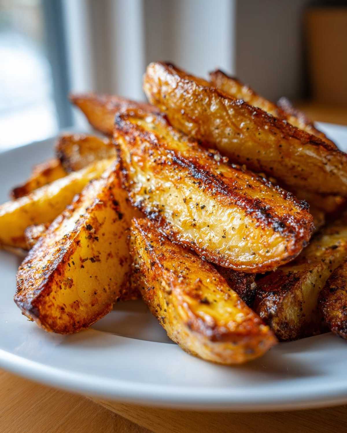 Close-up of golden brown, seasoned Air Fryer Potatoes wedges piled on a white plate.
