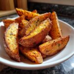 Close-up of golden brown, seasoned Air Fryer Potatoes wedges piled high in a small white bowl.