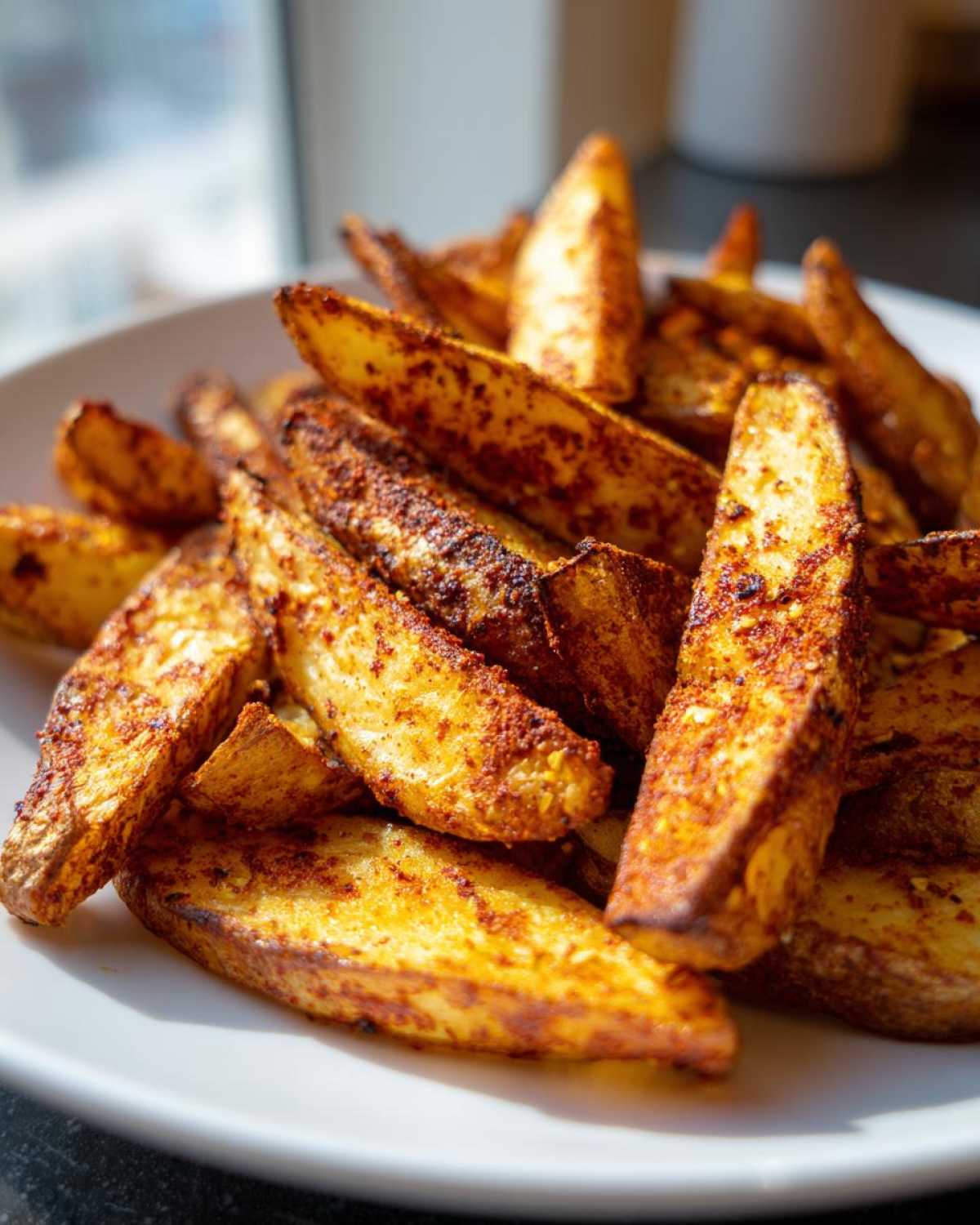 Close-up of golden brown, seasoned Air Fryer Potatoes wedges piled high on a white plate.