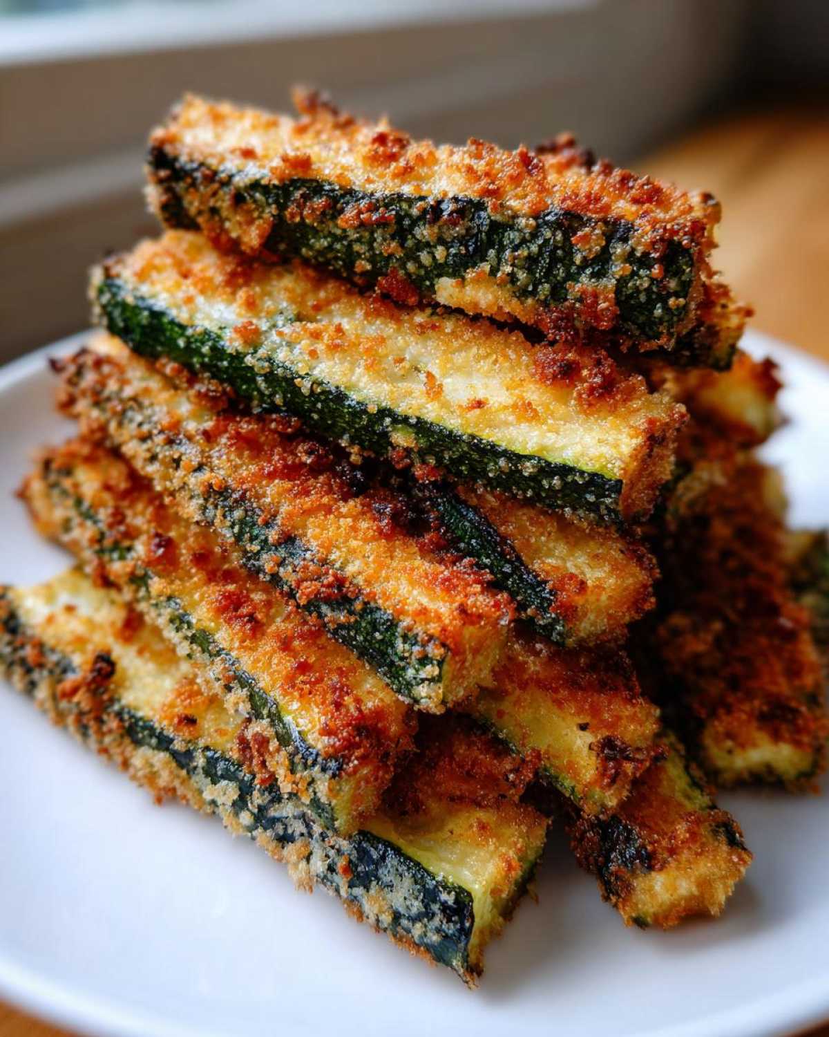 A stack of golden-brown, breaded Air Fryer Zucchini sticks piled high on a white plate.