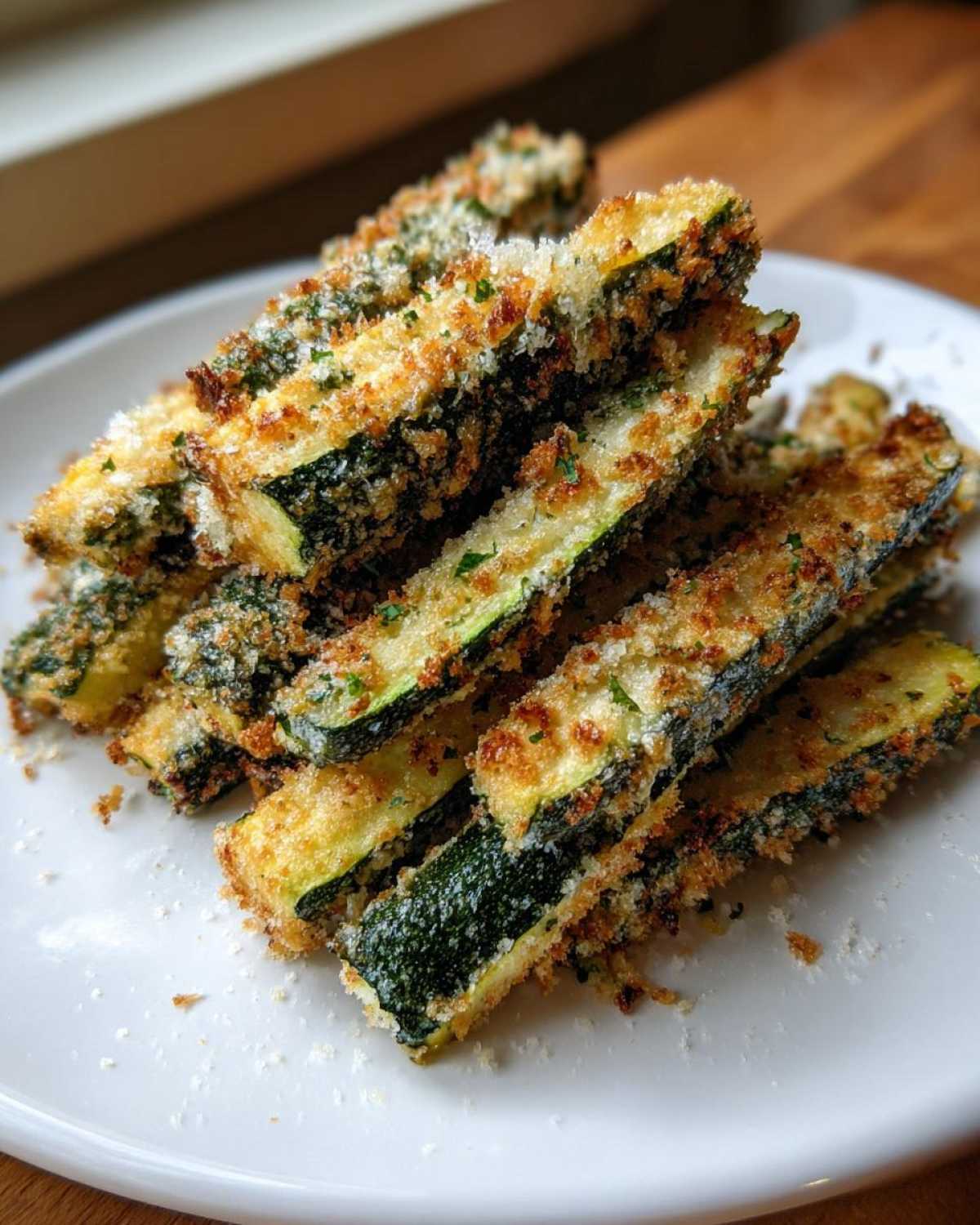 A stack of crispy, breaded Air Fryer Zucchini sticks sprinkled with Parmesan cheese on a white plate.