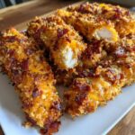A pile of golden-brown, crispy Crack Chicken Tenders topped with melted cheese and bacon bits on a white plate.