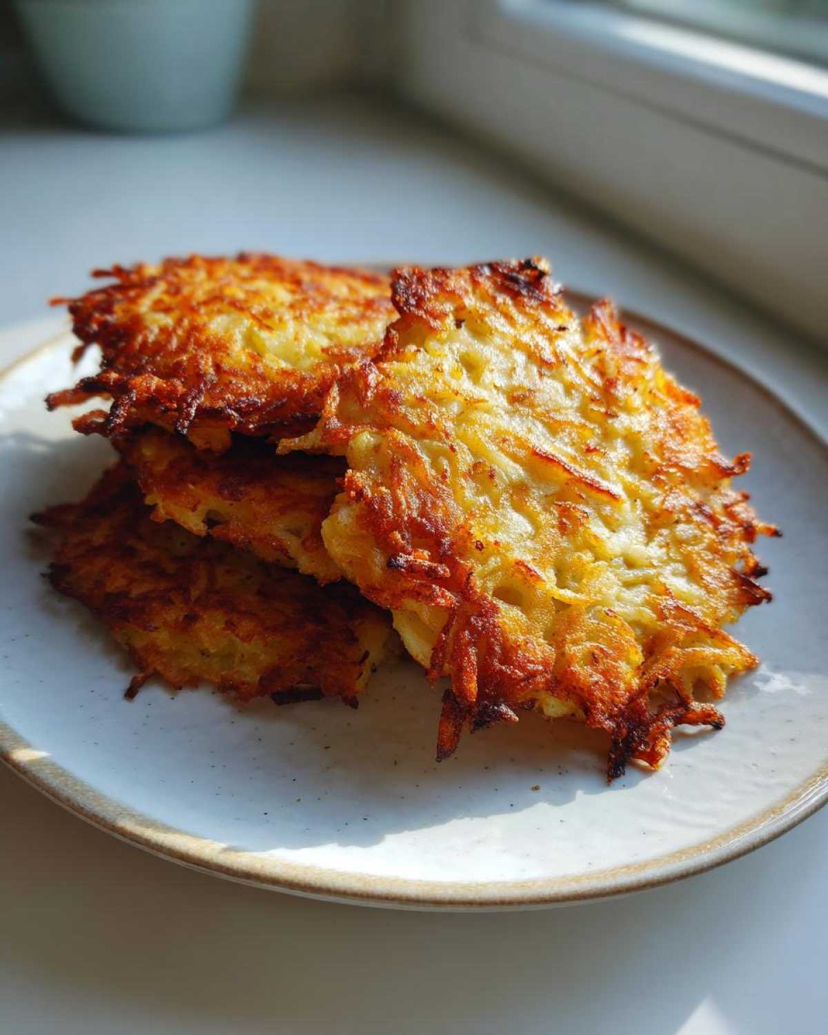 A stack of freshly fried, golden-brown German Potato Pancakes with crispy edges resting on a speckled white plate.