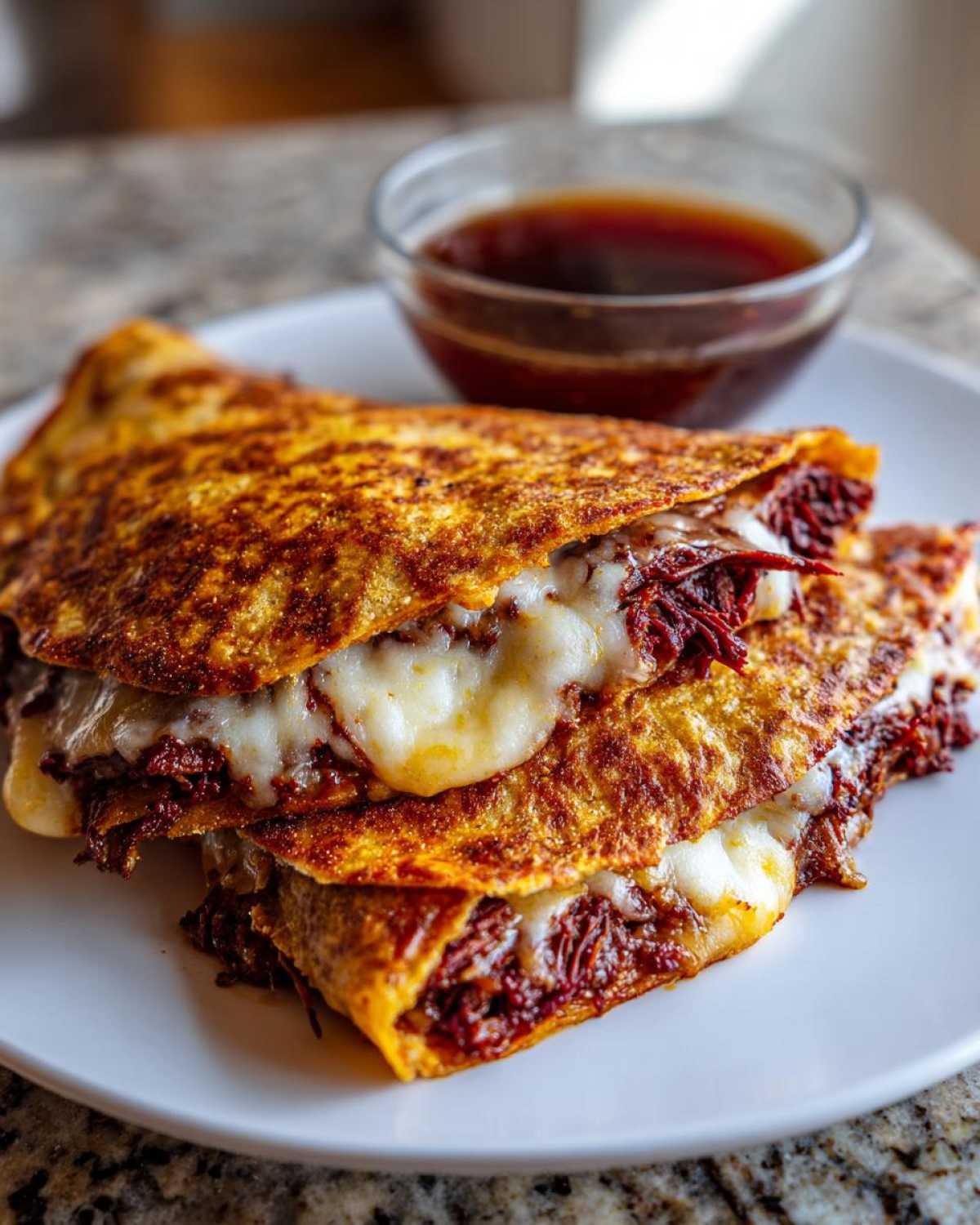 Close-up of cheesy, crispy Crockpot Birria Tacos folded over shredded beef, served with a side of consommé for dipping.