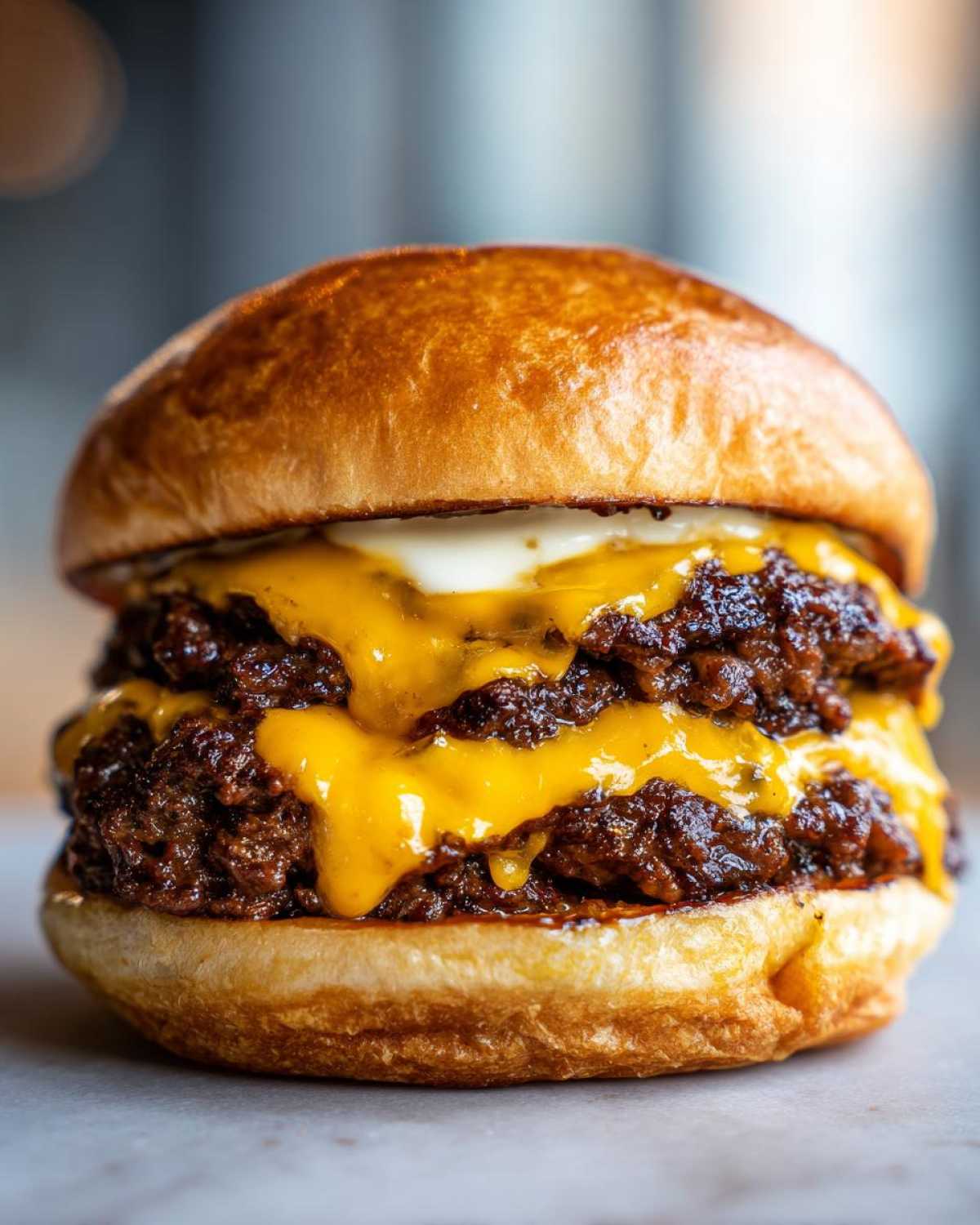 Close-up of a delicious double Smash Burger featuring heavily seared patties and dripping melted American cheese on a toasted brioche bun.