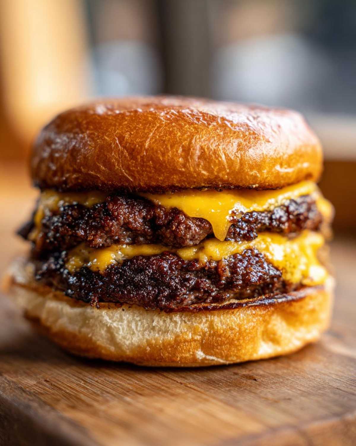 Close-up of a delicious double Smash Burger featuring two dark, crusty patties layered with melted American cheese on a toasted brioche bun.