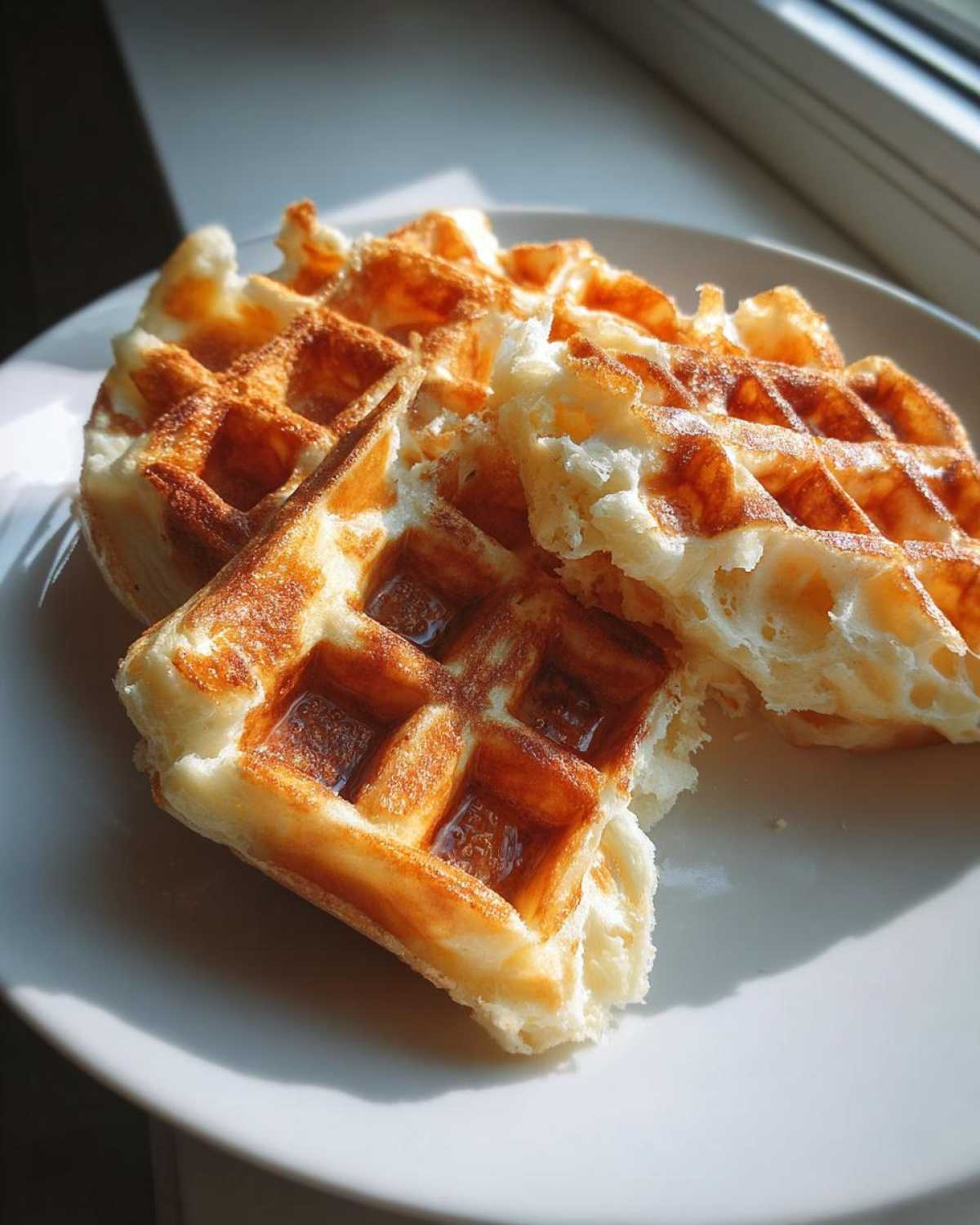 Close-up of fluffy Belgian Waffles on a white plate, showing the airy interior texture and golden brown exterior.
