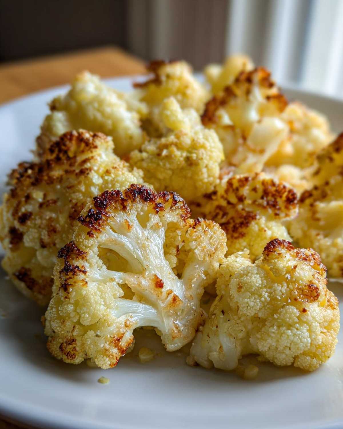 Close-up of beautifully caramelized Garlic Butter Roasted Cauliflower florets piled on a white plate.