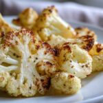 Close-up of beautifully browned Garlic Butter Roasted Cauliflower florets seasoned with herbs on a white plate.