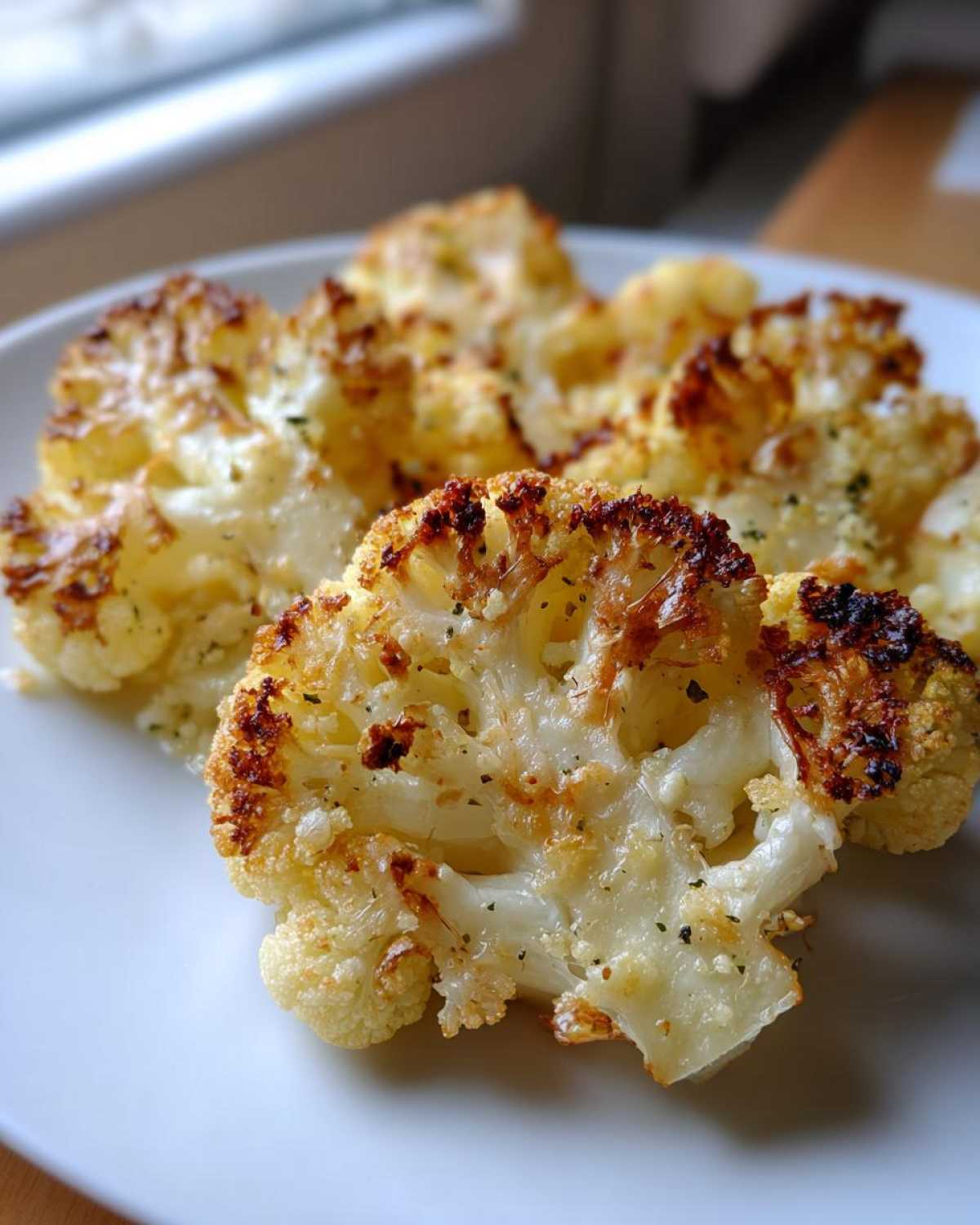 Close-up of golden brown, caramelized Garlic Butter Roasted Cauliflower florets served on a white plate.