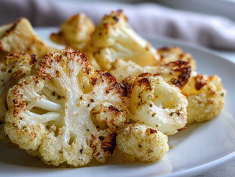 Close-up of beautifully browned Garlic Butter Roasted Cauliflower florets seasoned with herbs on a white plate.