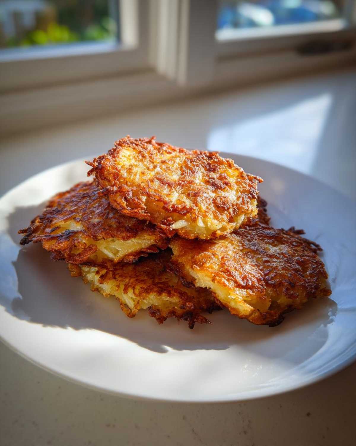 A stack of crispy, golden brown German Potato Pancakes resting on a white plate, illuminated by sunlight.