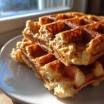 Close-up of fluffy, golden-brown Belgian Waffles stacked on a white plate, showing their deep pockets and texture.