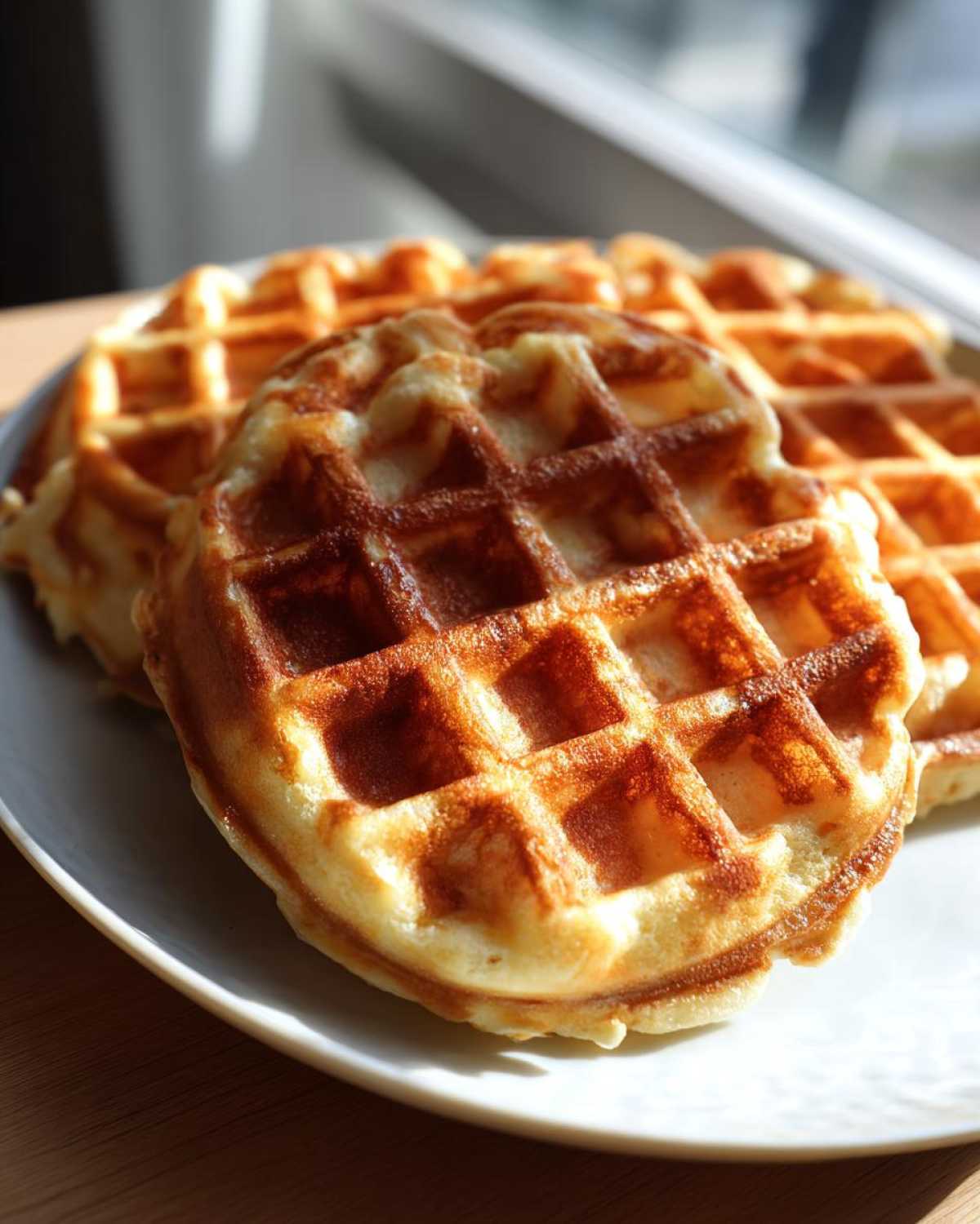 Close-up of several perfectly golden brown Belgian Waffles stacked on a white plate, highlighting their crispy texture.