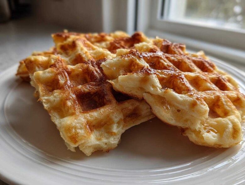 Close-up of light, fluffy Belgian Waffles with caramelized edges on a white plate.