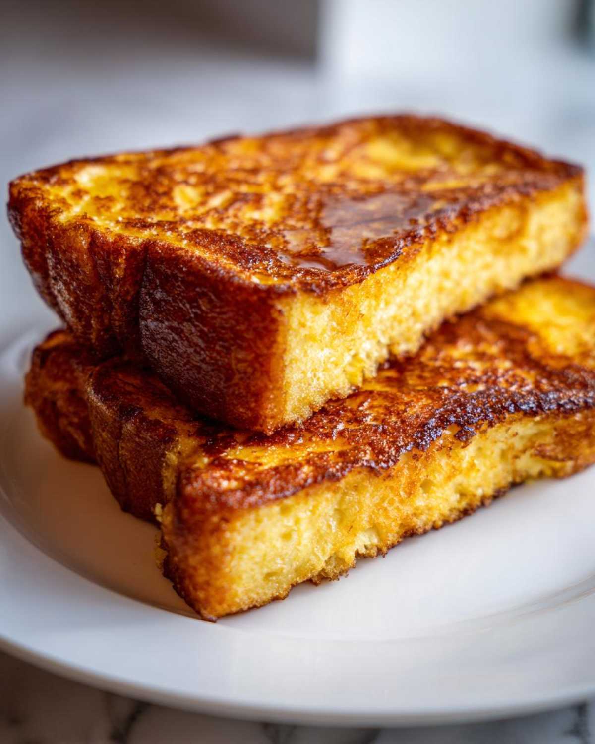 Close-up of two thick slices of golden brown French Toast stacked on a white plate, drizzled with syrup.