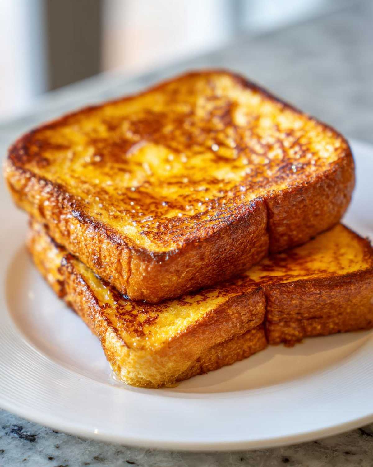 Close-up of three golden brown slices of French Toast stacked on a white plate.