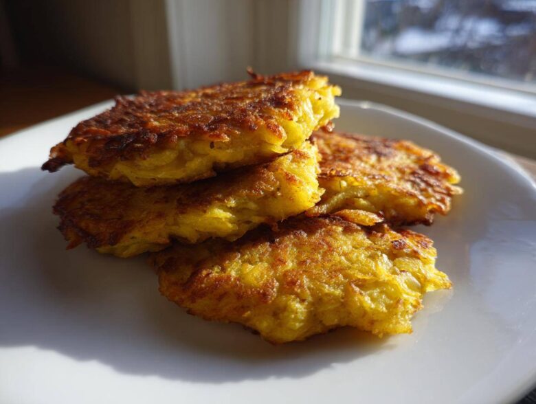 A stack of four crispy, golden brown German Potato Pancakes resting on a white plate near a sunlit window.