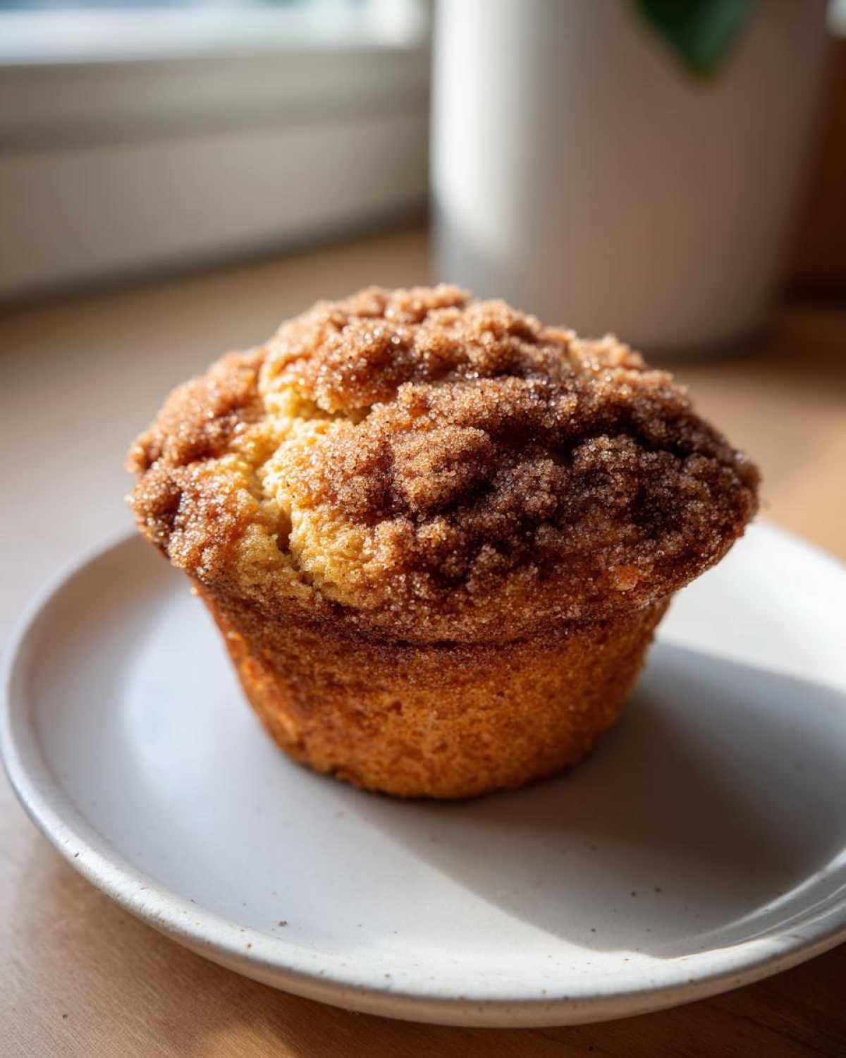 A single, golden-brown Greek Yogurt Cinnamon Muffin topped generously with cinnamon sugar streusel, resting on a light plate.