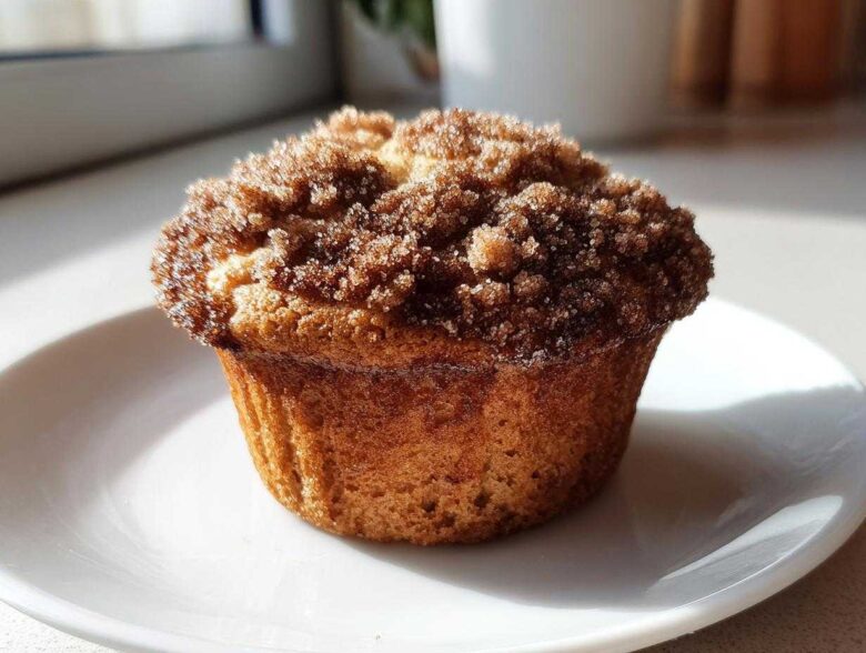 A single, perfectly baked Greek Yogurt Cinnamon Muffin topped with a thick cinnamon sugar streusel, resting on a white plate.