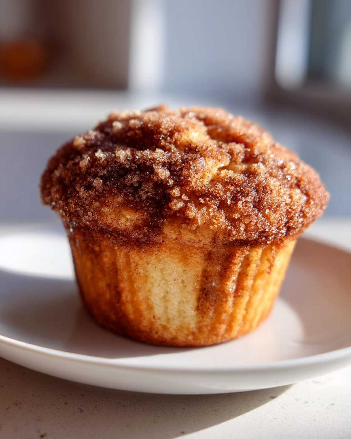 A single, golden-brown Greek Yogurt Cinnamon Muffin topped with a thick layer of sparkling cinnamon sugar streusel, resting on a white plate.