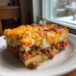 A thick, square slice of Hobo Casserole with ground beef, potatoes, vegetables, and melted cheddar cheese topping.