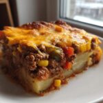 A thick slice of Hobo Casserole with Ground Beef layered over potatoes, topped with melted cheddar cheese.