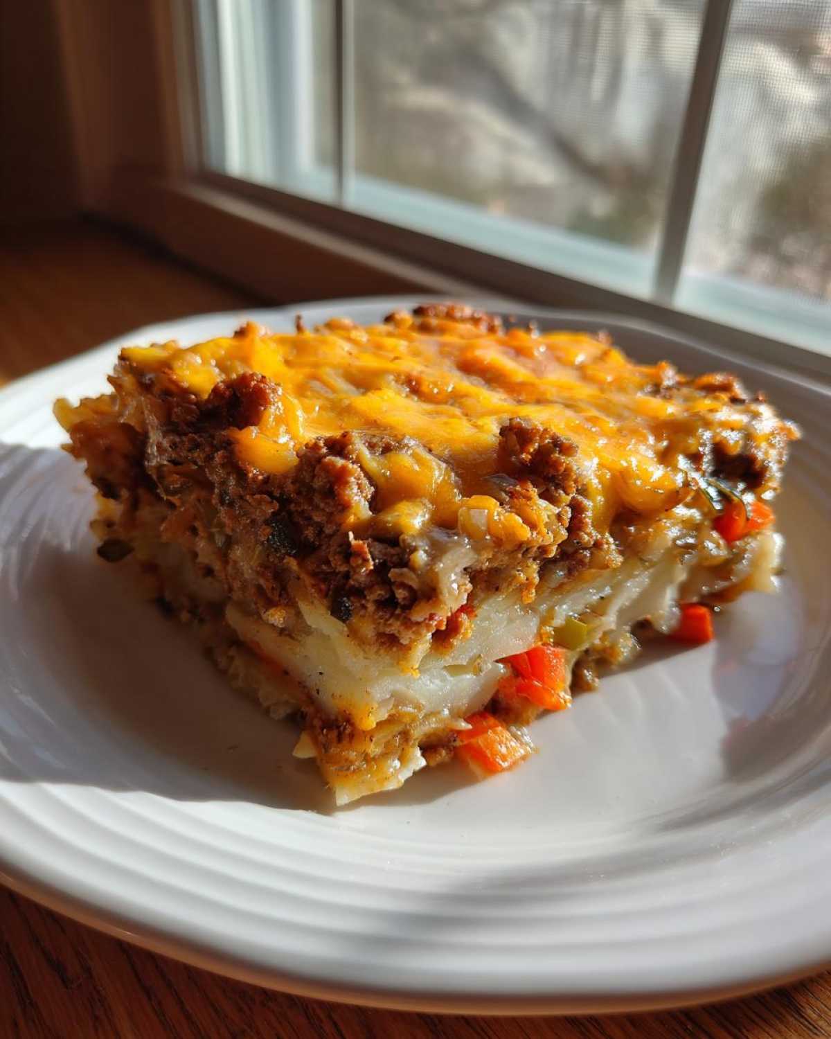 A hearty slice of Hobo Casserole with Ground Beef, showing layers of potatoes, meat, and melted cheddar cheese topping.