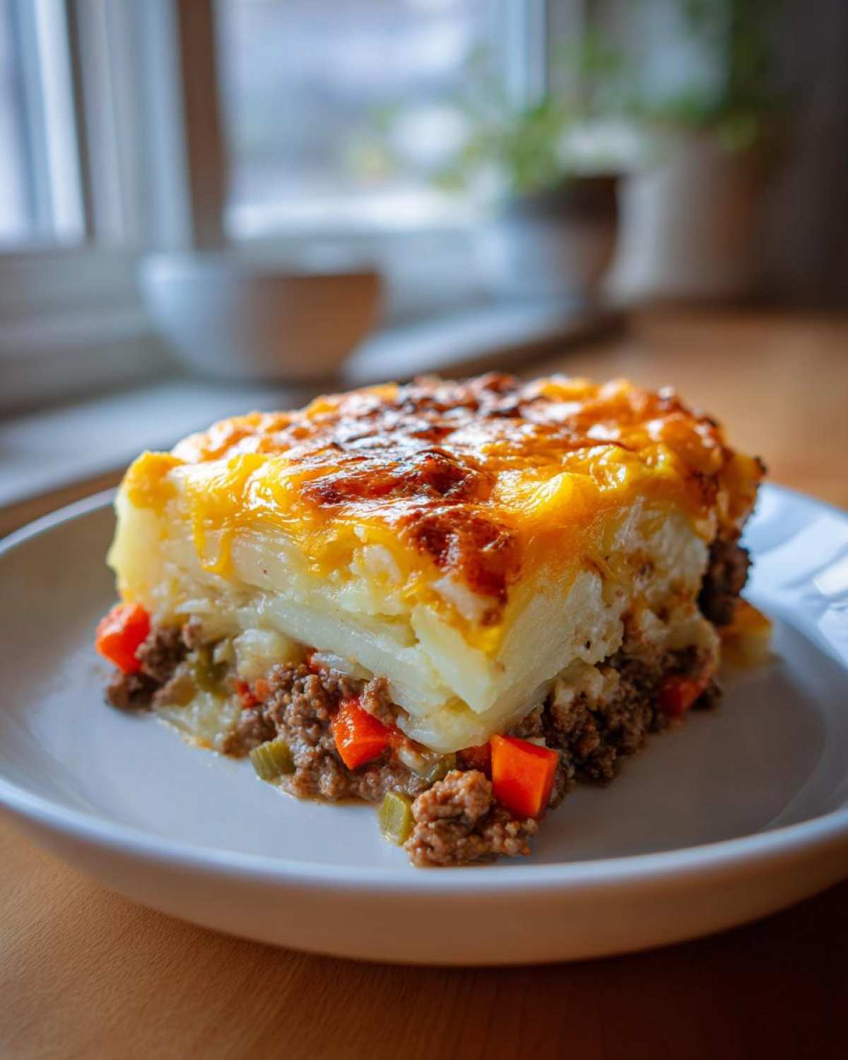 A hearty slice of Hobo Casserole with ground beef, vegetables, and a melted, browned cheese topping.