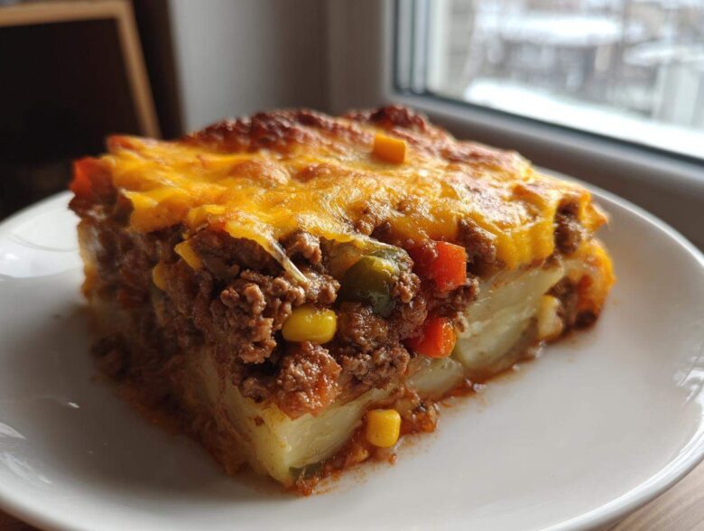 A thick slice of Hobo Casserole with Ground Beef layered over potatoes, topped with melted cheddar cheese.