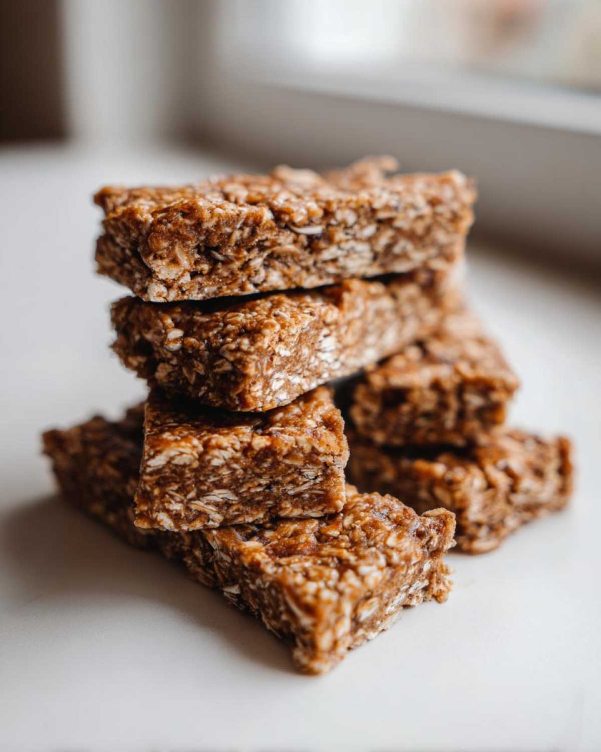 A close-up stack of several homemade High-Protein Energy Bars made with oats and a rich binder.