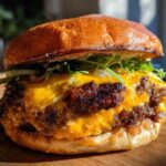 Close-up of a delicious double Smash Burger featuring a dark, crispy crust, melted orange cheese, fresh greens, and pickles on a toasted bun.