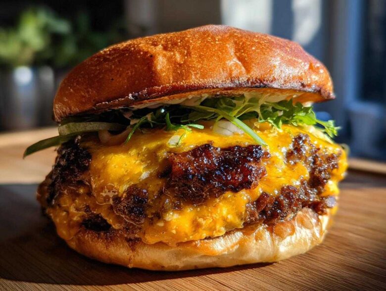 Close-up of a delicious double Smash Burger featuring a dark, crispy crust, melted orange cheese, fresh greens, and pickles on a toasted bun.