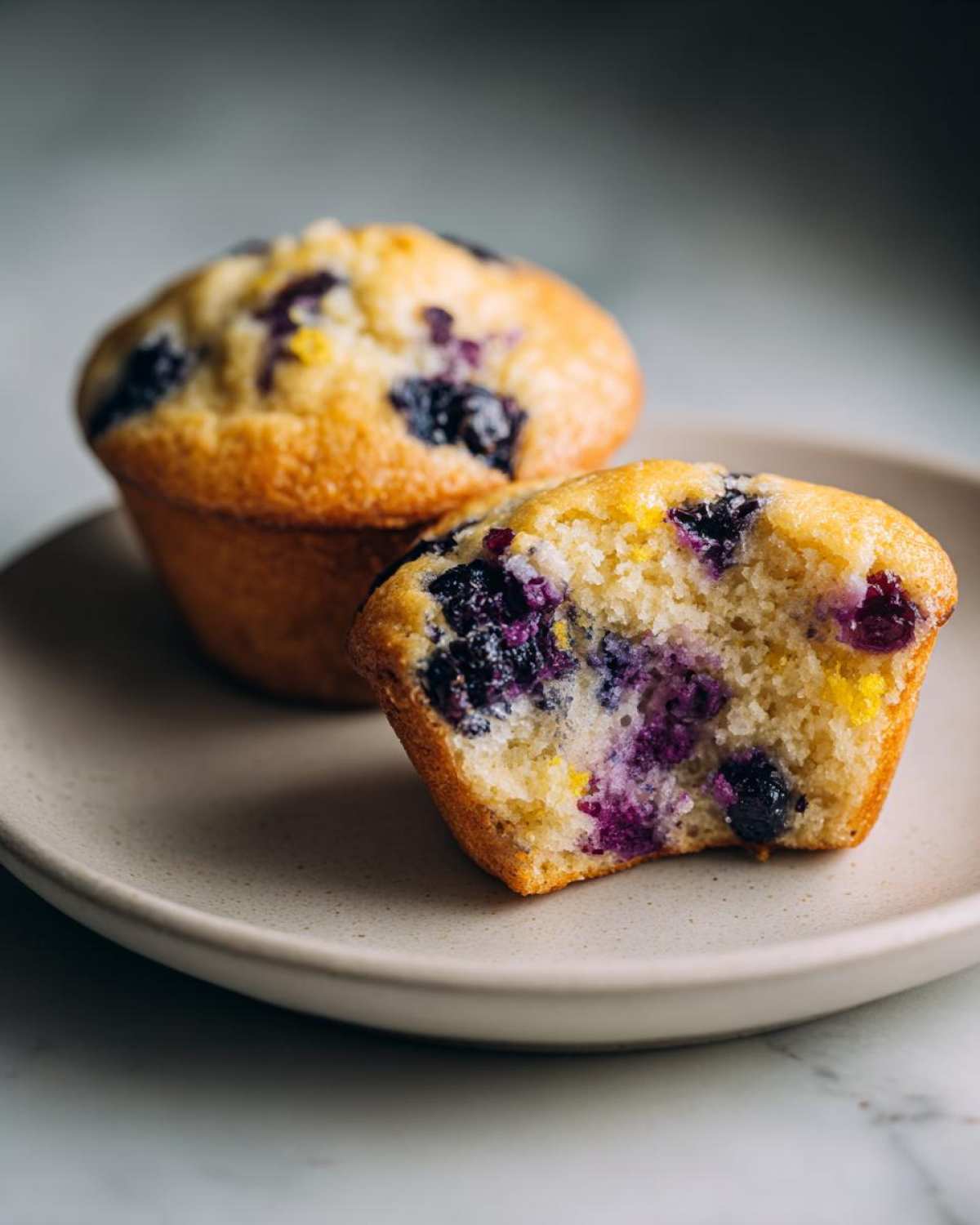 Close-up of two Lemon Blueberry Muffins, one whole and one broken open showing the moist interior and burst blueberries.
