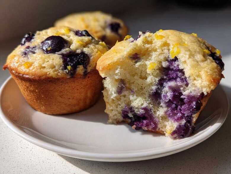 Close-up of a Lemon Blueberry Muffins, one broken open showing the moist crumb and burst blueberries inside.