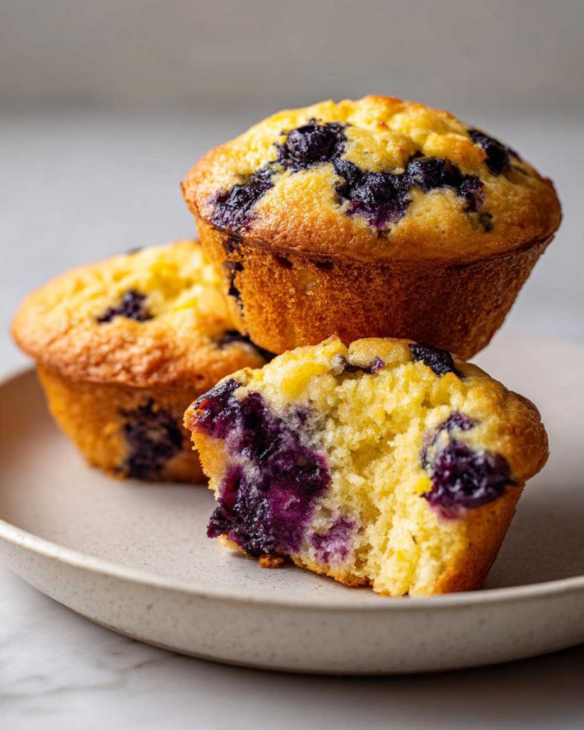 Close-up of three golden Lemon Blueberry Muffins, one split open showing moist interior and burst blueberries.