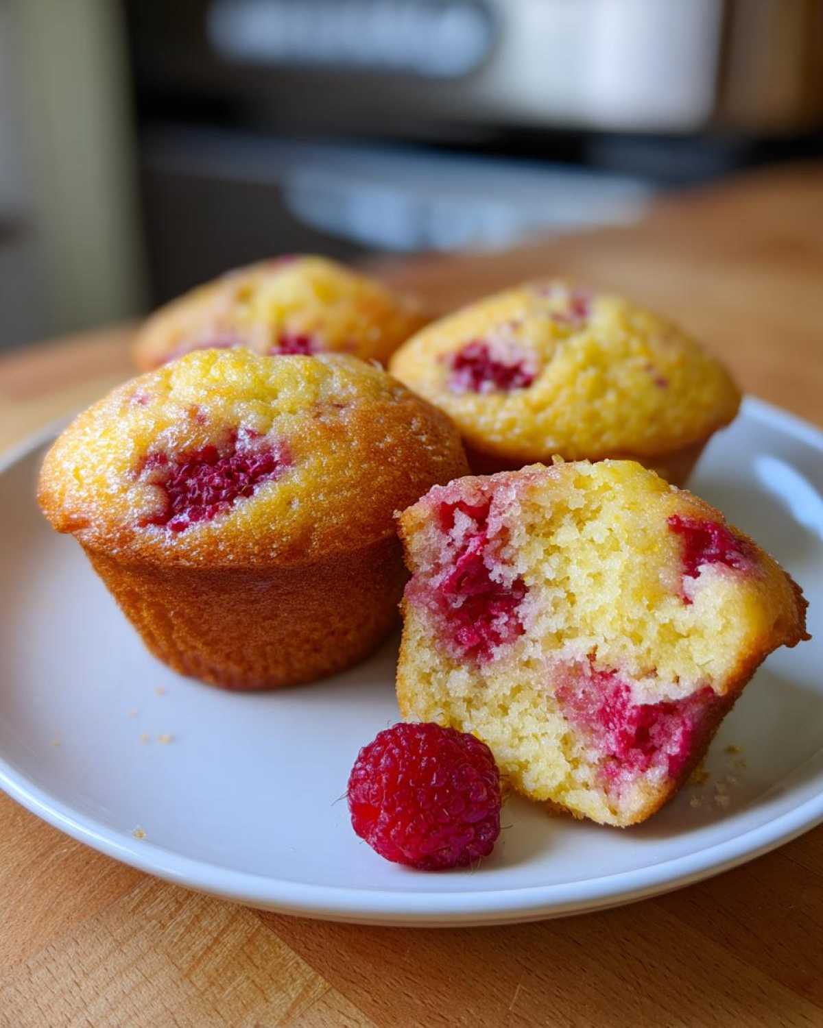 A close-up of freshly baked Lemon Raspberry Muffins, one broken open to show the moist interior and bright red raspberries.