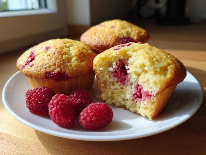 Three golden Lemon Raspberry Muffins on a white plate, one broken open to show the moist interior and bright raspberries.