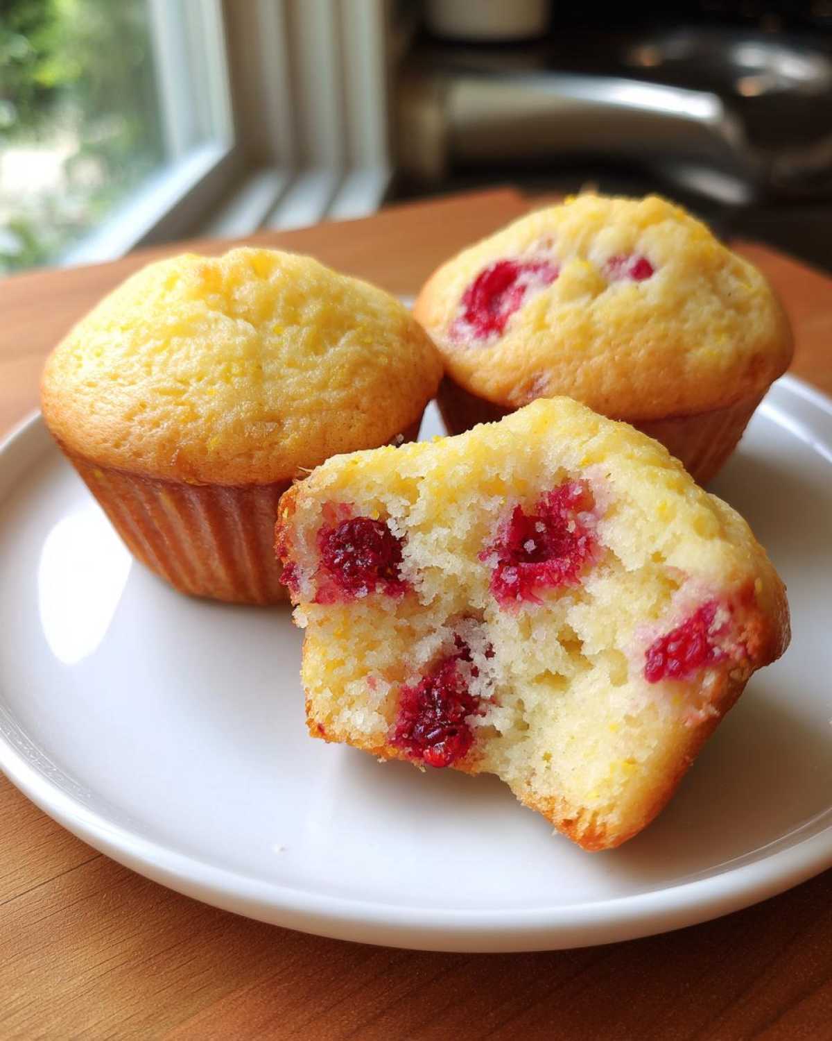Three bright Lemon Raspberry Muffins on a white plate, one cut in half showing the moist interior and burst raspberries.